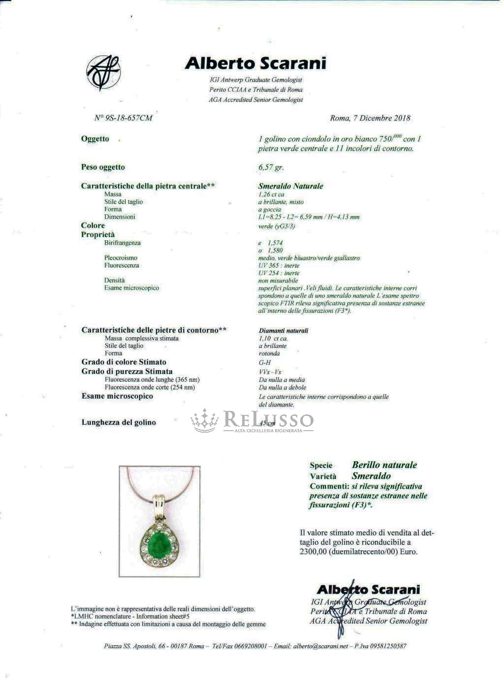 Collana in oro bianco e pendente con smeraldo da 1,26ct e diamanti per 1,10ct foto7
