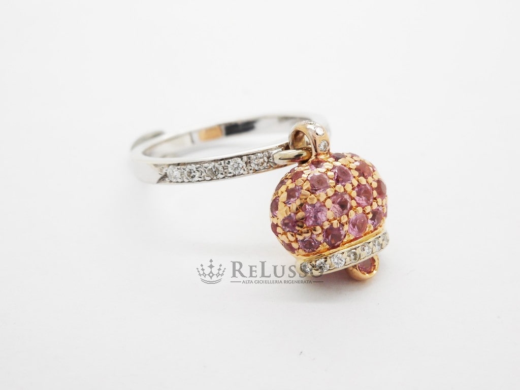 Anello Campanelle Chantecler in oro bianco e rosa con pavé di diamanti e zaffiri rosa foto2