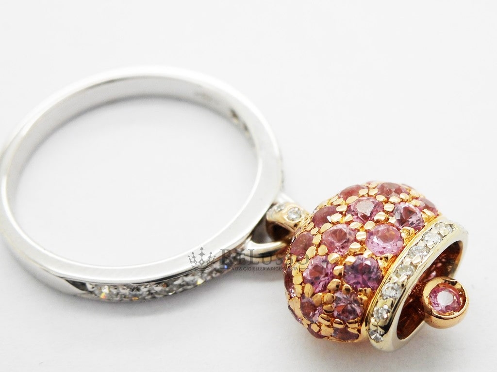 Anello Campanelle Chantecler in oro bianco e rosa con pavé di diamanti e zaffiri rosa foto5