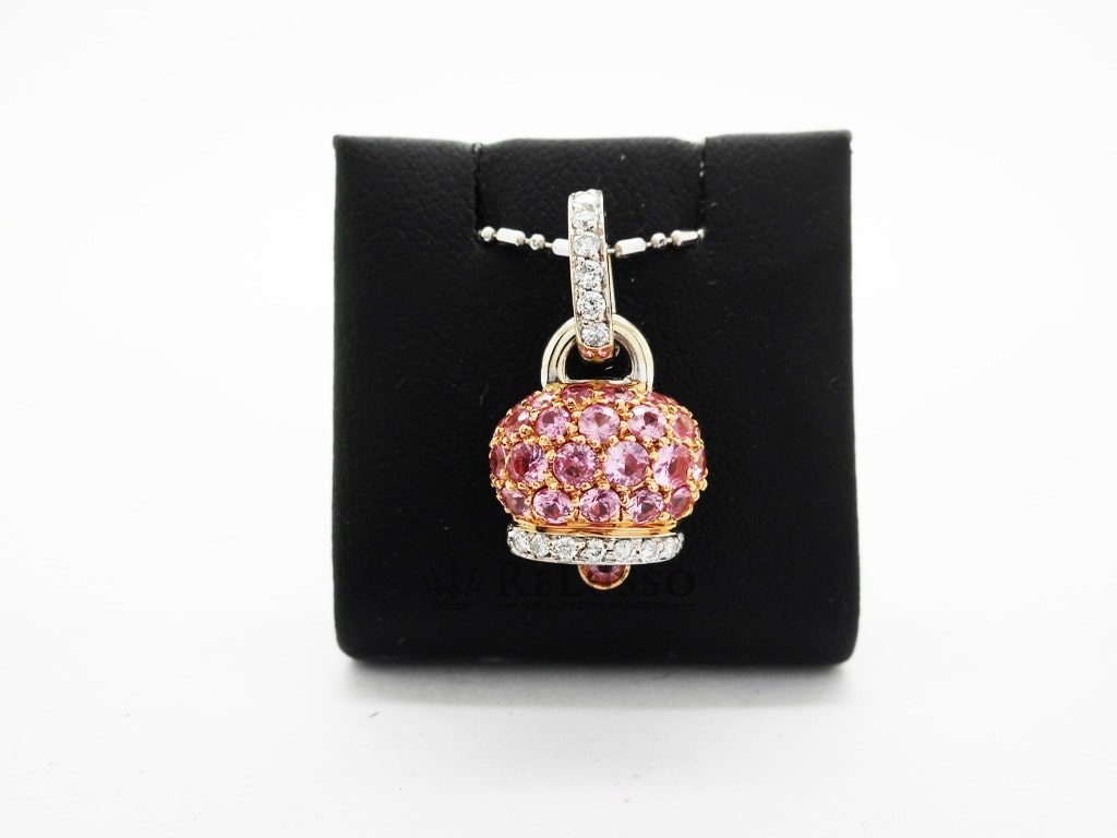 Ciondolo Campanelle Chantecler in oro bianco con pavé di diamanti e zaffiri rosa foto2