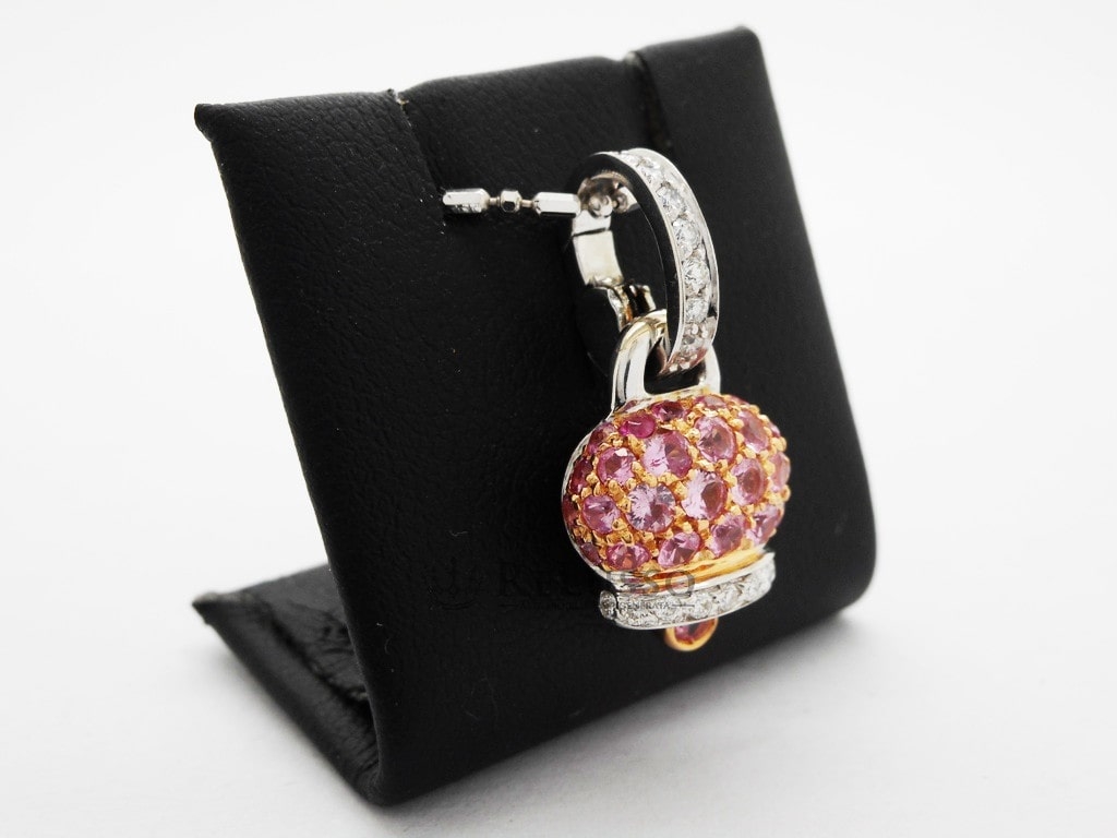 Ciondolo Campanelle Chantecler in oro bianco con pavé di diamanti e zaffiri rosa foto3