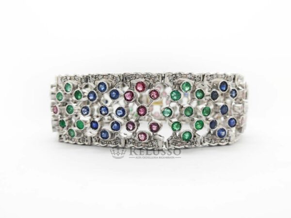 Bracciale a fascia con diamanti, rubini, zaffiri e smeraldi, in oro bianco 18kt FOTO8