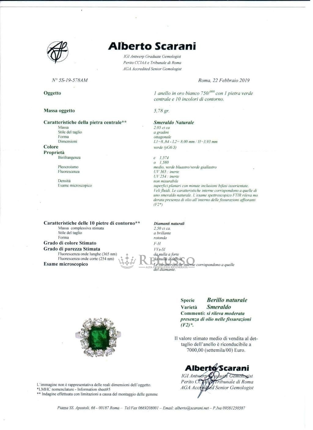 Anello con smeraldo centrale da 2,05 ct e diamanti per 2,50ct in oro bianco foto5