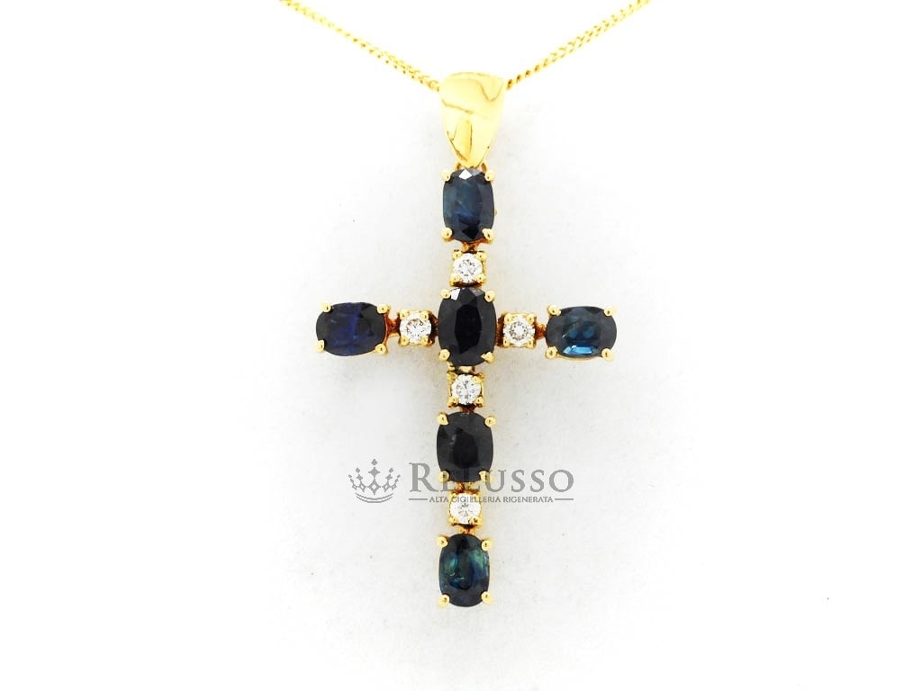 Croce con Zaffiri per 3,00ct e 0,30ct di diamanti in oro bianco 18kt. foto2