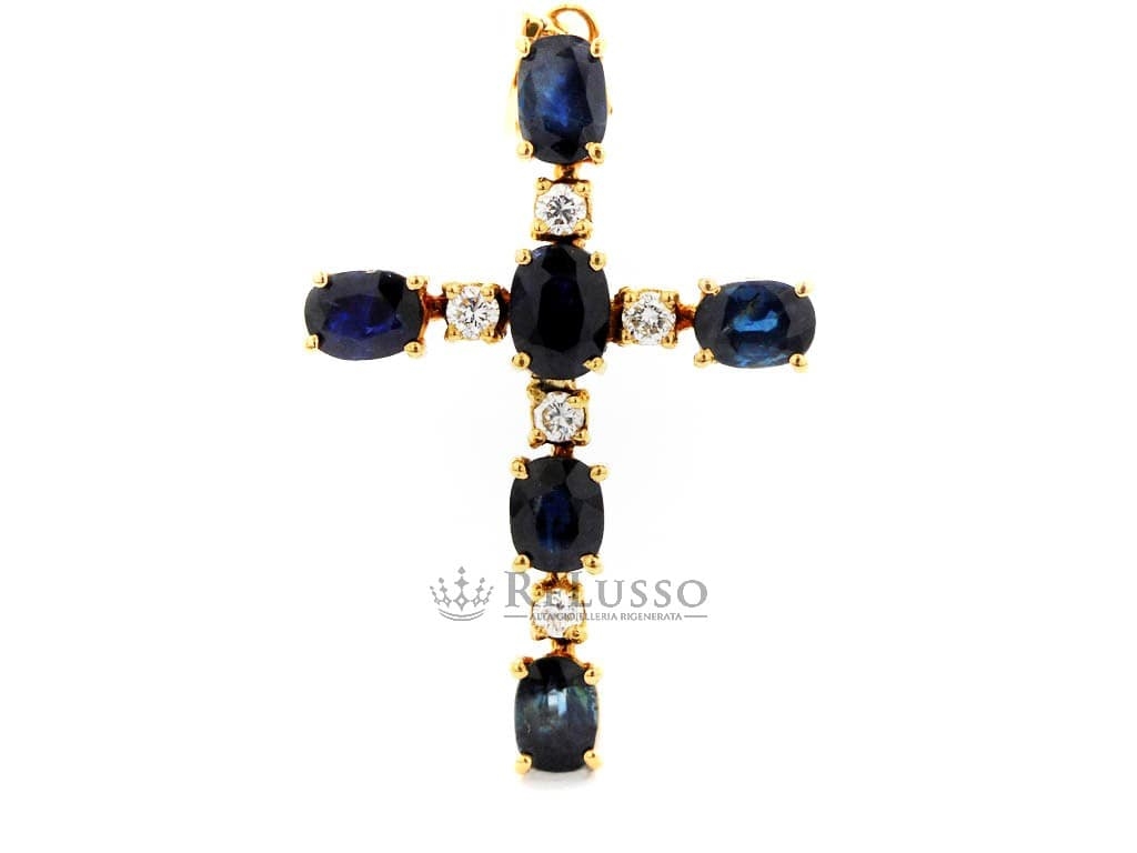 Croce con Zaffiri per 3,00ct e 0,30ct di diamanti in oro bianco 18kt. foto7