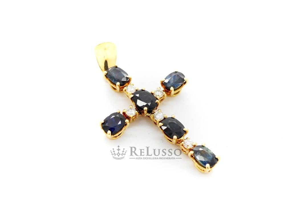 Croce con Zaffiri per 3,00ct e 0,30ct di diamanti in oro bianco 18kt. foto5