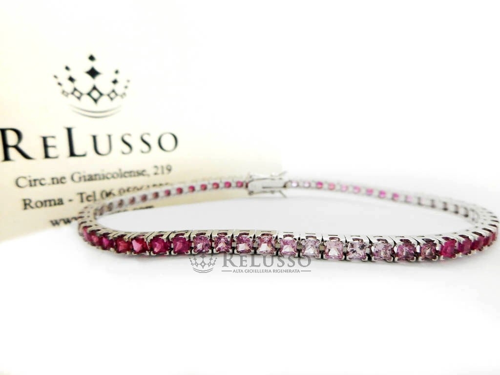 Tennis con 6,50ct di Zaffiri Rosa taglio Princess a gradazione di tono in oro bianco foto1