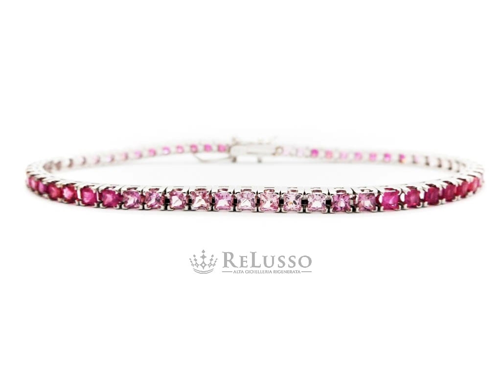 Tennis con 6,50ct di Zaffiri Rosa taglio Princess a gradazione di tono in oro bianco foto7
