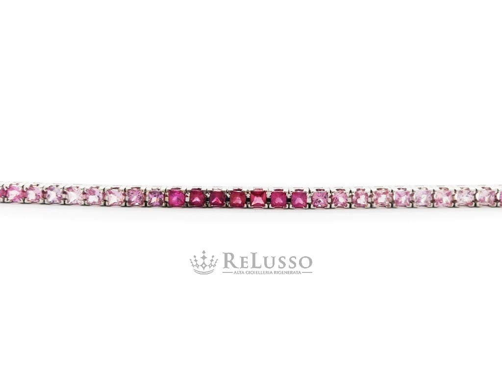 Tennis con 6,50ct di Zaffiri Rosa taglio Princess a gradazione di tono in oro bianco foto3