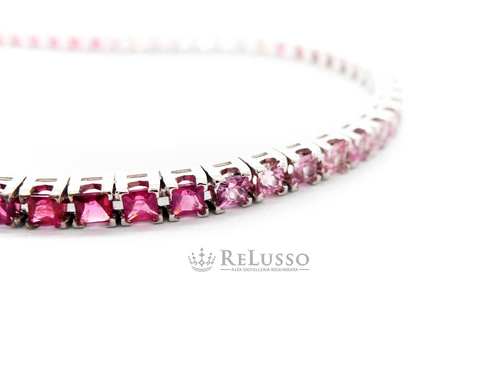 Tennis con 6,50ct di Zaffiri Rosa taglio Princess a gradazione di tono in oro bianco foto5