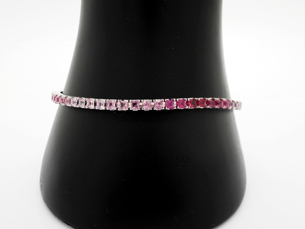 Tennis con 6,50ct di Zaffiri Rosa taglio Princess a gradazione di tono in oro bianco foto9