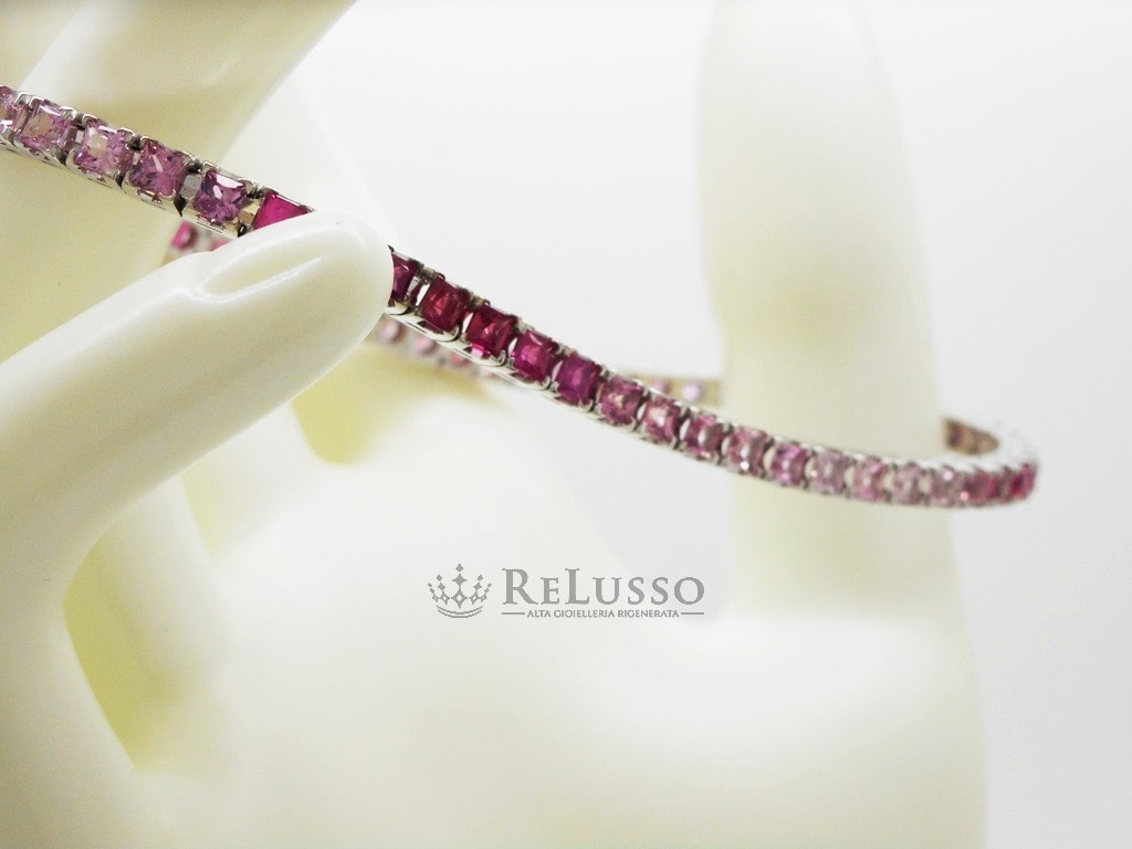 Tennis con 6,50ct di Zaffiri Rosa taglio Princess a gradazione di tono in oro bianco foto10