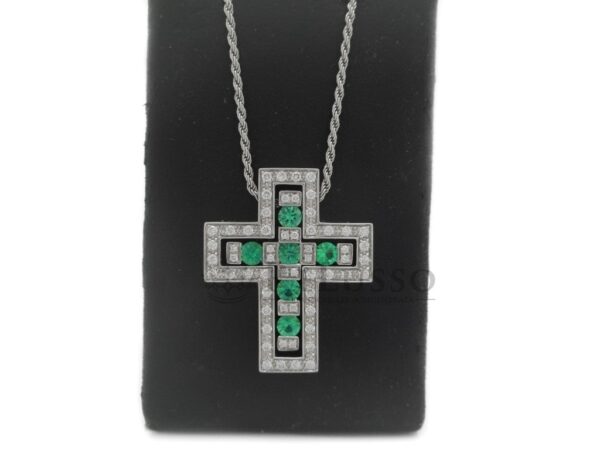 Collana con croce Damiani Belle Epoque con Diamanti e smeraldi in oro bianco 18kt foto1