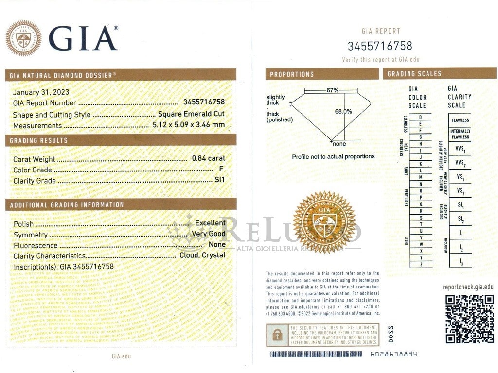 Diamante taglio smeraldo quadrato 0,84ct F / SI1 certificato GIA foto4
